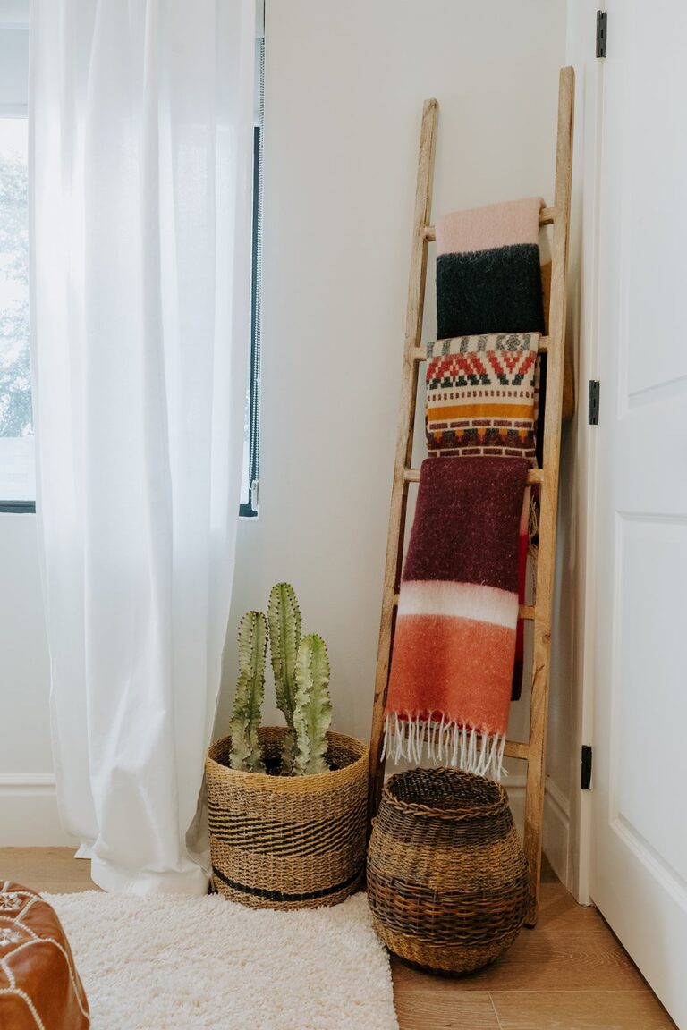 Cozy corner with cactus, woven baskets, and colorful blankets on a ladder.
