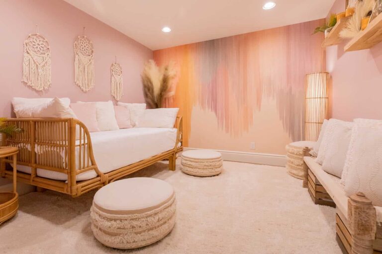 Warm therapy lounge with rattan sofa and dreamcatchers